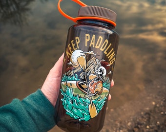 Kayaking Nalgene 32oz Water Bottle, Kayaking Water Bottle Gift, Keep Paddling Skull, Wide Mouth Hiking Water Bottle Canoeing Gift