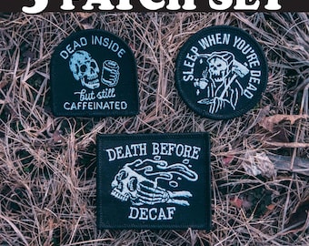 3 Patch SET! Skull, Grim Reaper Coffee Patches, Embroidered Patch with Iron On Heat Seal Patch, Skull Patch, Coffee Patch