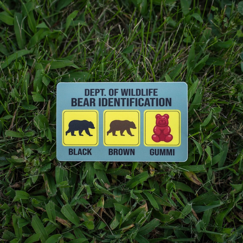 Pu&ograve; includere: Un cartello rettangolare con la scritta "DEPT. OF WILDLIFE BEAR IDENTIFICATION" e tre riquadri gialli. I riquadri contengono sagome di un orso nero, un orso bruno e un orsetto gommoso rosso, con le parole "BLACK", "BROWN" e "GUMMI" sotto.