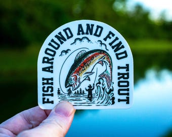 Vis rond en vind forel vliegvissen sticker, grappige vissen sticker, forel vissen sticker, vissen sticker, sticker visgerei doos