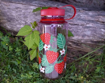 Strawberry Fields Cosmo Pink with Red Lid Nalgene 32oz Wide Mouth Water Bottle,Hiking, Camping Water Bottle