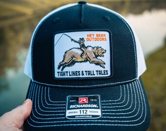 Fishing Richardson 112 Hat, Black / White Mesh Trucker Hat, Tight Lines - Tall Tales Cap, Cowboy Riding a Bear