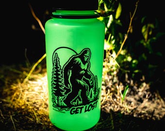 Bigfoot Get Lost Sasquatch Glow In the Dark Nalgene 32oz Water Bottle, Hiking Water Bottle Gift, Camping, Wide Mouth