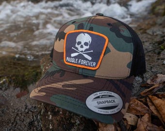 Paddle Forever Skull Canoeing Hat, Canoe, Camo Front With Black Mesh Trucker Hat