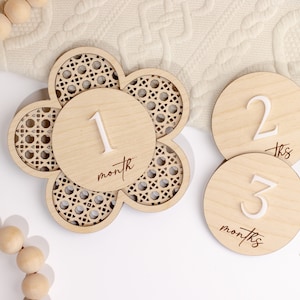 Daisy Rattan Monthly Milestone Markers | Milestone Marker | Wood First Year Photo Prop | Monthly Age Marker | Baby Shower Gifts