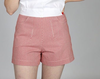 Freddies of Pinewood Red Stripe Denim Classic Shorts. Size 30 *small fault, see picture*