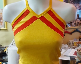 70s does 40s! Vintage Samirtex Yellow and Red Halter Top, 1970s, 1940s Size 34