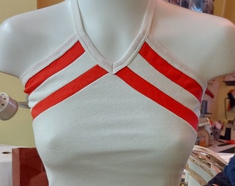 70s does 40s! Vintage Samirtex White and Red Halter Top, 1970s, 1940s Size 30