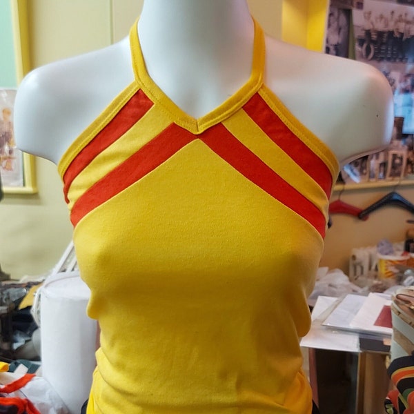 70s does 40s! Vintage Samirtex Yellow and Red Halter Top, 1970s, 1940s Size 34