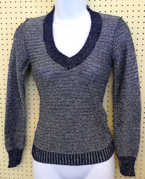 Pull vintage en lurex bleu marine et argenté des années 70