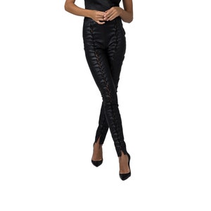 Black TIE ME Stretch Leather LEGGINGS / Tie Up Drawstring Skinny Trousers / Skin Showing Real Leather Clothing / Custom Made / Plus Size
