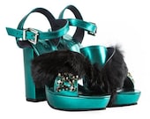 SPARKLING GREEN metallic leather platform sandals with black fur Funky PINK metallic sandals with swarovski crystals Genuine leather shoes