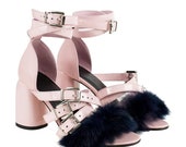 PINK strap sandals with black fur detail Strap leather shoes Funky summer sandals PINK PATENT leather heels with black fur Buckle closure