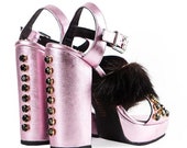SHINY PINK metallic leather platform sandals with black fur Funky GREEN metallic sandals with swarovski crystals Genuine leather shoes