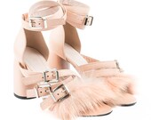 PEACH patent leather sandals with black fur BLUE strap sandals with fur detail NUDE color leather shoes Medium heel Funky summer sandals