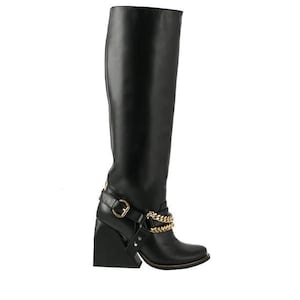 LADY DI BOOTS Black Nappa leather knee-high boots with decorative harness strap Pull on black leather boots for women