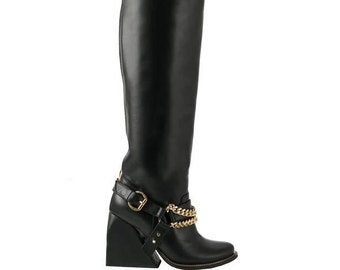 LADY DI BOOTS Black Nappa leather knee-high boots with decorative harness strap Pull on black leather boots for women