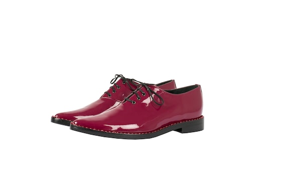 RUBY RED lacquer off heel oxford shoes BLACK oxfords Black lacquer leather Women's real leather loafers Burgundy patent leather loafers