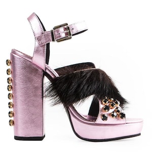 SHINY PINK metallic leather platform sandals with black fur Funky Light Pink metallic sandals with swarovski crystals Genuine leather shoes