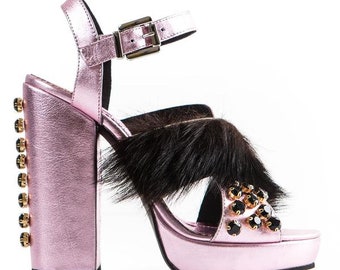 SHINY PINK metallic leather platform sandals with black fur Funky Light Pink metallic sandals with swarovski crystals Genuine leather shoes