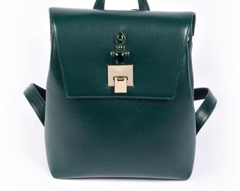 GREEN leather backpack Laptop backpack Custom made Leather bag Emerald Green Backpack YASMINE with Swarovsky crystals