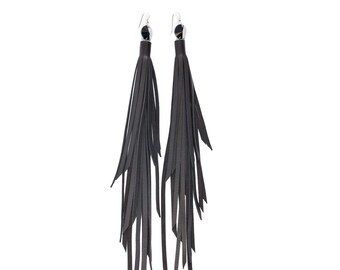 BLACK LEATHER Earrings Long Leather Fringe Earrings, AnnaKruz Leather Tassel Earring, Black Leather Gipsy Boho Earrings, Festival Earrings
