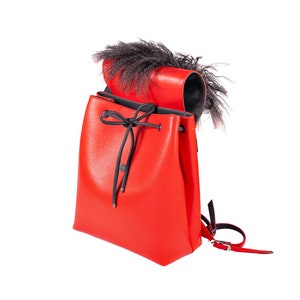 Hot RED leather backpack Laptop backpack Custom made Leather bag RED Backpack JOSEPHINE with Lama fur