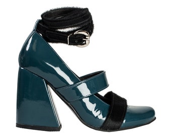 MAUD Turquoise patent leather heels with black pony leather strap BLUE patent leather shoes Fancy party shoes Black pony fur strap