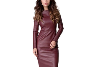 Leather MIDI DRESS Sexy tight leather long sleeve dress Midi length custom made leather dress Zipper back leather dress Plus size dress