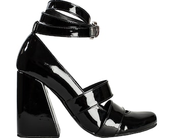 BERTHA Black patent leather heels with straps BLACK patent leather shoes Shiny leather sandals Fancy party shoes Black patent leather shoes
