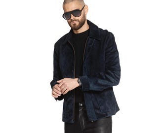 Dark blue Suede LEATHER JACKET for men / Soft Touch Bomber style / Handmade Custom made jacket