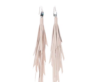 BABY PINK Long Earrings Leather Fringe Earrings AnnaKruz Leather Tassel Earrings Peach Boho Earrings with Swarovski Crystals Festival