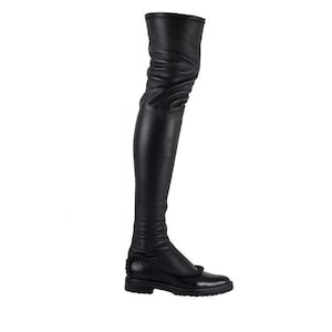 HYDRA 02 BOOTS Stretch leather over the knee boots with black matte chain Long black leather women boots Knee-high pull on boots