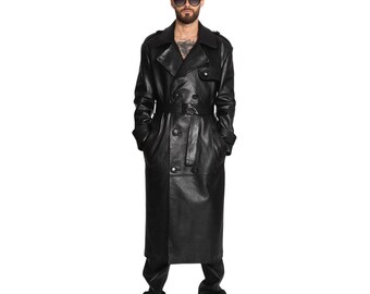 Black Leather TRENCH COAT for Men / Long Classic Style with Belt / Handmade Custom made jacket