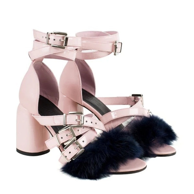 PINK Strap Sandals With Black Fur Detail Strap Leather Shoes | Etsy