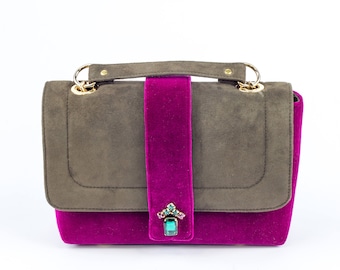 Green Suede and Purple Velvet Bag w/ Gold plated chain and Swarovski crystals, Anna Kruz bag design, MK leather Shoulder Bag, PURPLE ALINA