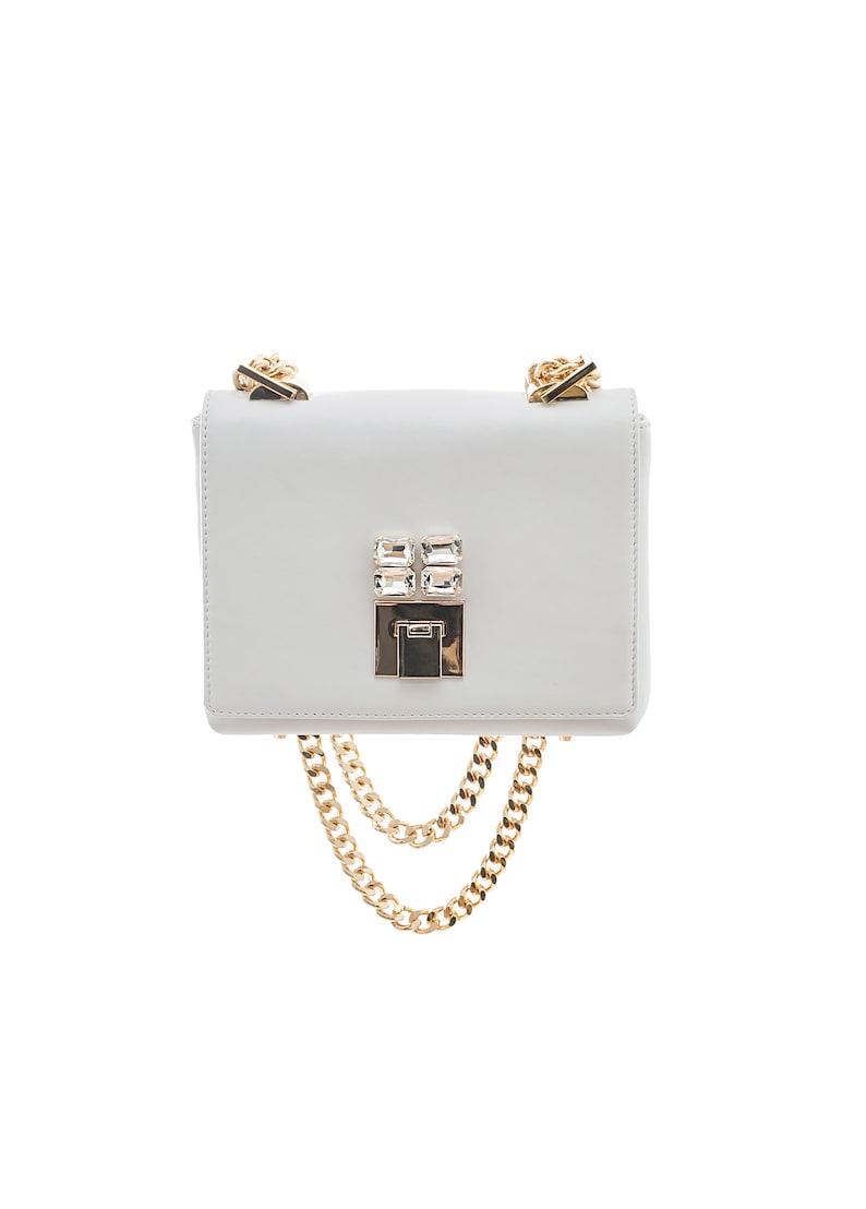 May include: A white leather crossbody bag with a gold chain strap and a crystal embellished clasp.