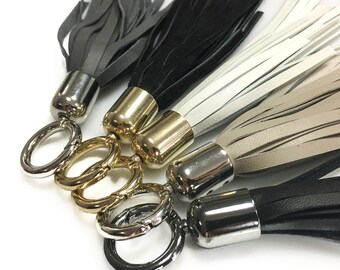 MONOCHROME tassel Black leather keychain Suede tassel White lambskin Beige leather tassel  Real leather Handmade key chain Bag accessorize