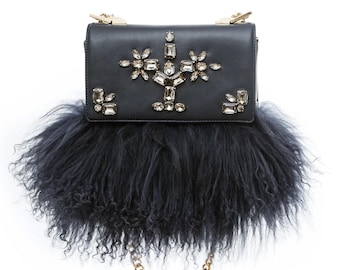 Handcrafted NAVY Leather Bag with Crystal Details, Dark BLUE Genuine Leather Shoulder Bag with Gold Chain