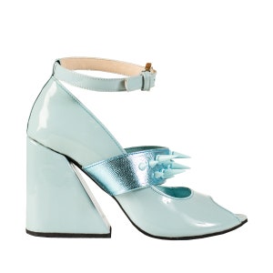 QUEEN BESS Baby blue Patent leather heels with studs Open Toe sandals  Ankle Strap Chunky Heels Platform High Heels Summer party Shoes
