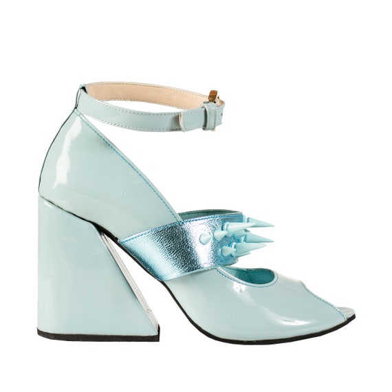 QUEEN BESS Baby blue Patent leather heels with studs Open Toe sandals  Ankle Strap Chunky Heels Platform High Heels Summer party Shoes