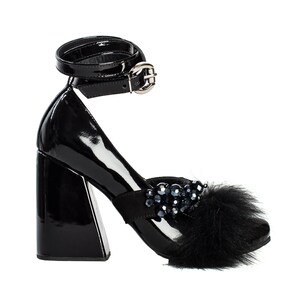 ADA LOVELACE leather shoes with Black fur and crystals BLACK Patent Leather Sandals Sexy Chunky High Heels Shiny Party Heels
