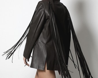 Dark BROWN LEATHER JACKET | Removable Fringe Jacket | Genuine Lambskin Jacket Women | Handmade Designer Leather Coat