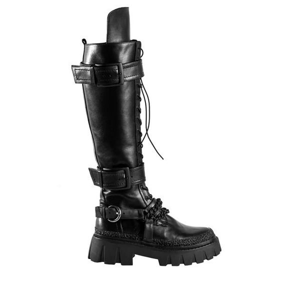 MARY WALKER Nappa leder kniehohe Kampfstiefel mit dekorativem Harnessriemen und massiver Gummisohle Schwarze High Combat Boots mit Schnallen