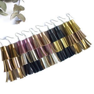 METALLIC leather tassel earrings Genuine leather handmade Spring earrings Gold Rose Gold Bronze Black Pink metallic leather earrings