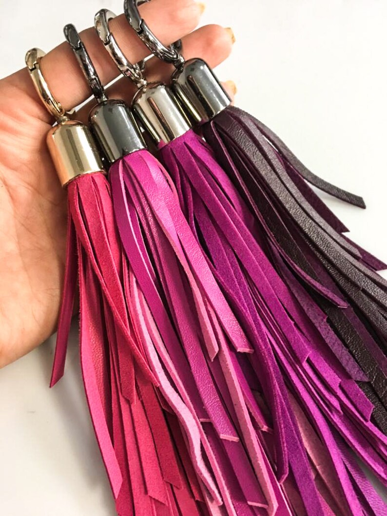 PINK leather tassel key chain Genuine leather tassel bag accessories Purple leather tassel key chain Beautiful bag accessories for key image 3