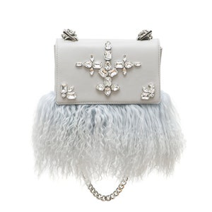 GREY Leather Bag Grey Shoulder bag CHARLOTTE with Genuine Lama fur and Swarovski crystals