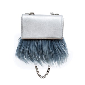 SILVER Leather Shoulder Bag Silver cross body bag GISELLE with Blue Mountain Goat fur