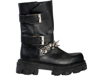 ELLEN BOOTS with studs and buckles Massive biker leather boots for women BLACK leather boots  with zipper Half length combat boots for women