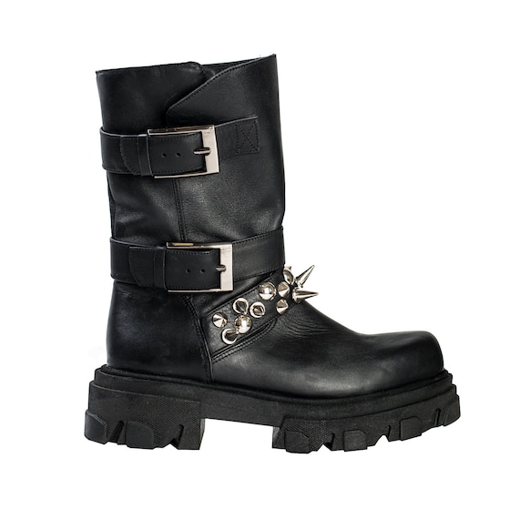 ELLEN BOOTS with studs and buckles Massive biker leather boots for women BLACK leather boots  with zipper Half length combat boots for women
